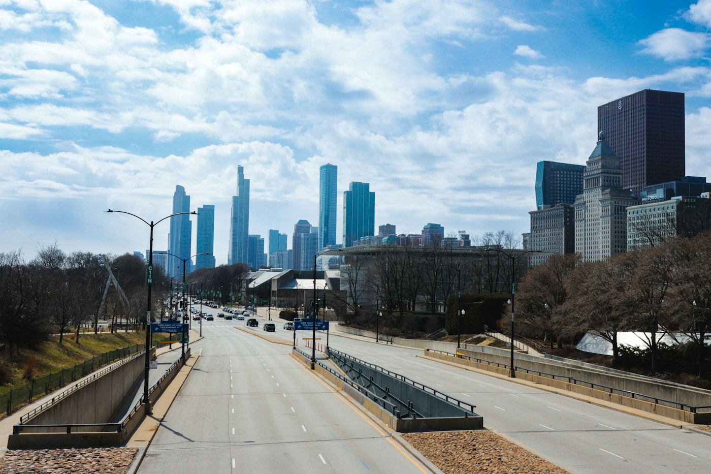 Chicago skyline seen from a wide city road